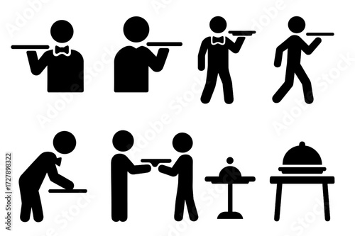 Waiter Tray Icon Set. Solid, filled icon set of waiter tray handling: tray on one hand, tray over shoulder, walking with tray, setting tray down, serving from