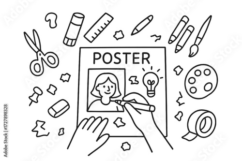 Crafting Tools Doodle. Hand-drawn doodle illustration Poster-making scene [scissors, glue stick, ruler, pencil, markers, paintbrush, poster board, sketch,