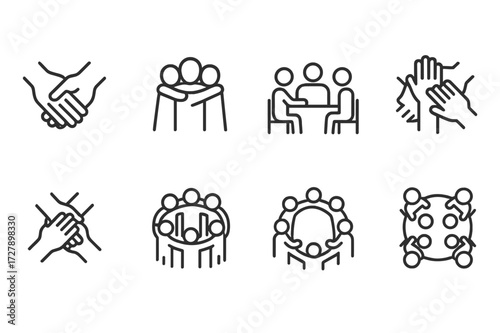 Togetherness Icon Set. Outline icon set of together concepts: holding hands, group hug, team meeting, family dinner, group high five, joint effort, circle of