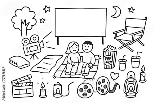 Outdoor Movie Night Icons. Hand-drawn doodle illustration Outdoor movie night [projector, screen, blanket, folding chair, popcorn, soda, moon, stars, tree,