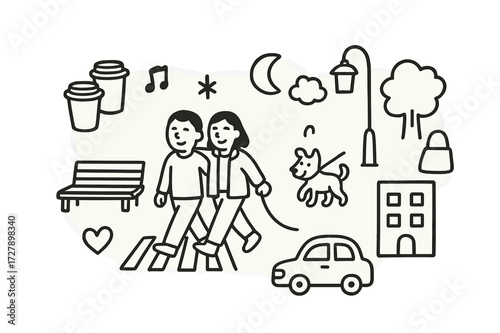Evening Stroll Icons. Hand-drawn doodle illustration Relaxed evening stroll with friends [two people walking, coffee cups, heart, star, dog, bench, tree,