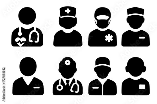 Healthcare Icons Grid. Solid, filled icon set of heartbeat health care professionals: cardiologist, nurse, paramedic, surgeon, therapist, doctor, emergency