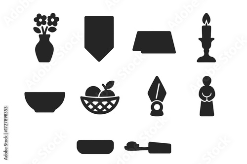 Table Decor Icons. Solid, filled icon set of table decor: floral vase, table runner, place card, candle holder, ceramic bowl, fruit basket, napkin ring, small
