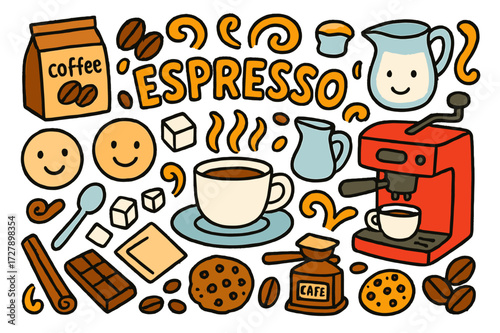 Coffee Doodle Wonderland. Espresso. Colorful Hand-drawn doodle Children illustration Espresso cup, coffee beans, coffee machine, milk jug, spoon, sugar cubes,