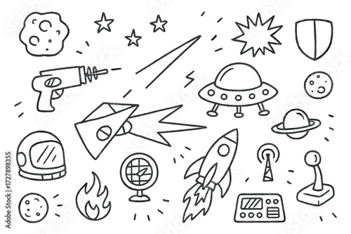Space Battle Doodle. Hand-drawn doodle illustration spaceship battle laser gun, rocket, alien spaceship, radar, stars, planets, explosion, fire, shield,