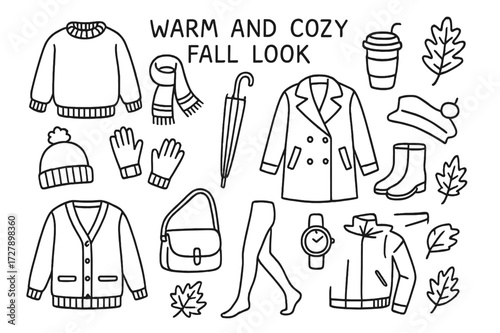 Cozy Fall Fashion Icons. Hand-drawn doodle illustration [Warm and cozy fall look] [sweater, scarf, coat, boots, hat, gloves, cardigan, bag, umbrella, coffee