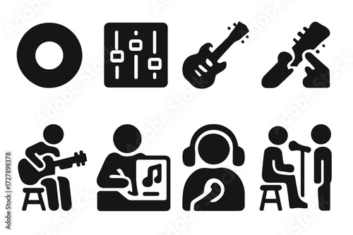 Session Activity Icons. Solid, filled icon set of session activities: recording, mixing, jamming, tuning, practicing, composing, listening, rehearsing. Solid,
