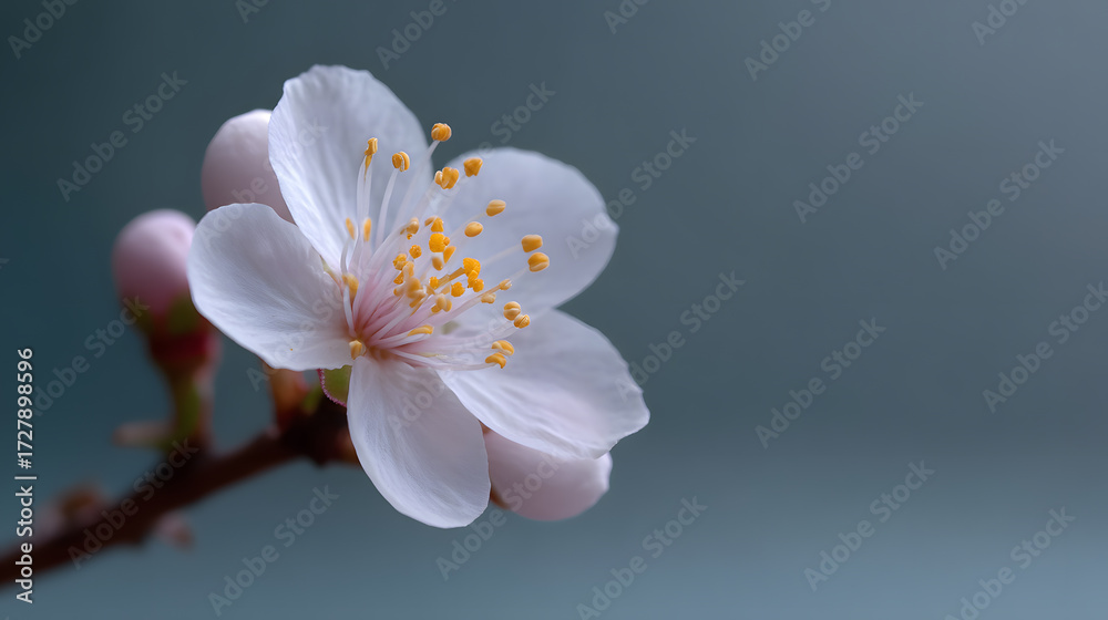 Fototapeta premium Delicate Blossom: A close-up reveals the exquisite detail of a pristine cherry blossom, showcasing its soft petals, vibrant stamens, and tender buds against a serene backdrop.