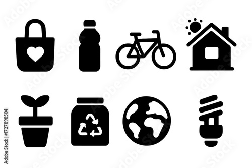 Sustainable Living Icons. Solid, filled icon set of sustainable living: reusable bag, water bottle, bicycle, solar house, plant pot, eco-friendly packaging,