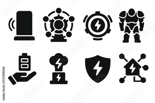 Futuristic Power Icons. Solid, filled icon set of futuristic power tech: wireless charging, fusion reactor, energy core, power armor, holographic battery,