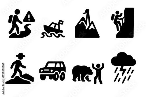 Reckless Adventure Icons. Solid, filled icon set of reckless adventure: unprotected hike, rough sea boat, mountain climbing, desert crossing, off-road vehicle,