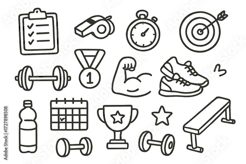 Personal Trainer Icons. Hand-drawn doodle illustration personal trainer support clipboard, whistle, stopwatch, target, barbell, checklist, medal, flexed arm,