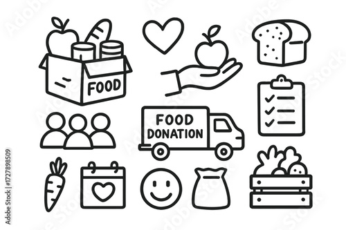 Food Donation Icons. Hand-drawn doodle illustration Food sharing and donation [food box, hand giving, apple, bread, soup can, heart, clipboard, community icon,