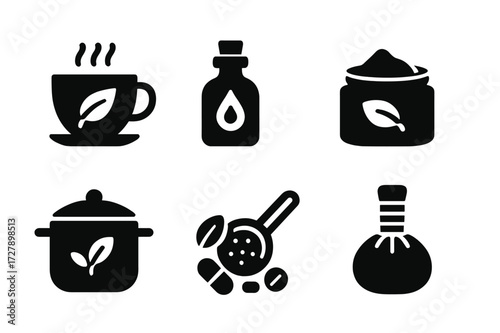 Herbal Preparations Icons. Solid, filled icon set of herbal preparations: herbal tea, tincture bottle, infused oil, salve jar, decoction pot, herbal pills, tea