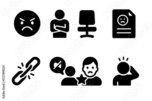 Employee Dissatisfaction Icons. Solid, filled icon set of employee dissatisfaction: angry face, crossed arms, empty chair, complaint form, broken chain, muted