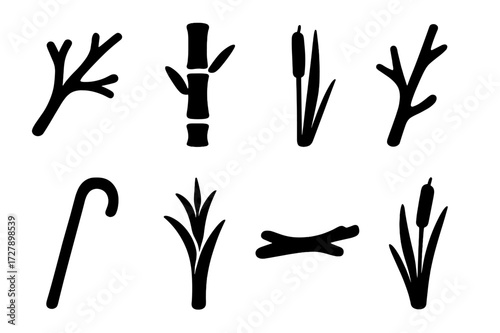 Nature Stick Icons. Solid, filled icon set of stick nature elements: tree branch, bamboo stick, reed, twig, cane, sugarcane, driftwood, cattail. Line icons in