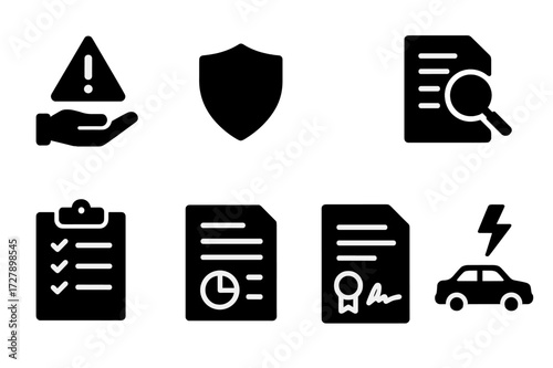 Liability Management Icons. Solid, filled icon set of liability management: risk control, shield icon, contract review, compliance checklist, audit report,