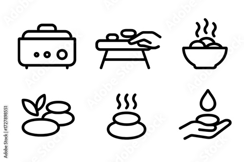 Hot Stone Icon Set. Solid, filled icon set of hot stone massage tools: stone heater, massage table with stones, stone with hand, bowl of hot stones, stone with