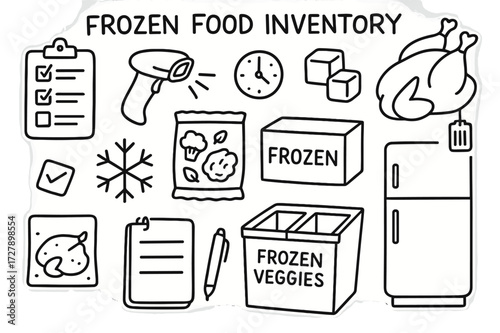 Frozen Foods Inventory. Hand-drawn doodle illustration [frozen food inventory] [checklist, inventory sheet, frozen chicken, barcode scanner, bagged food,