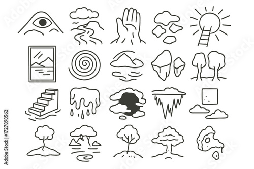 Surreal Landscape Doodles. Hand-drawn doodle illustration Surreal Landscapes eye hills, cloud river, giant hand mountain, sun ladder, mirror lake, spiral