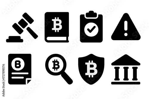 Crypto Regulation Icons. Solid, filled icon set of crypto regulation: gavel, law book, compliance, warning sign, tax document, audit, shield, courthouse.