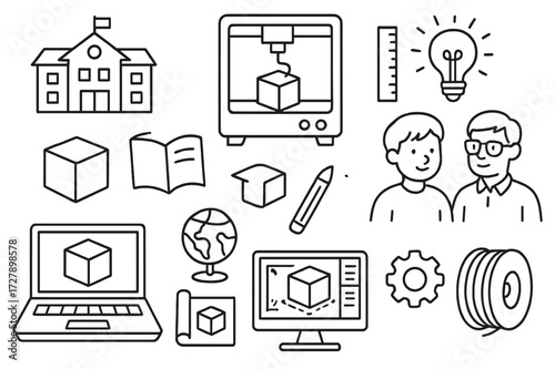 3D Printing Education Doodles. Hand-drawn doodle illustration 3D printing for education school building, book, 3D printer, cube, ruler, pencil, lightbulb,