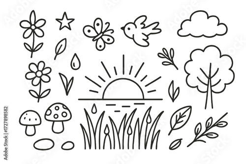 Sunrise Doodle Elements. Hand-drawn doodle illustration Dew at sunrise [sun, rays, dew drops, grass, flower, tree, bird, butterfly, cloud, star, mushroom,