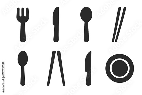 Main Course Utensils Icons. Solid, filled icon set of main course utensils: fork, knife, spoon, chopsticks, serving spoon, tongs, carving knife, plate. Solid,