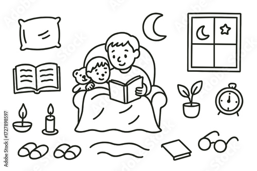 Family Bedtime Doodle. Hand-drawn doodle illustration family bedtime story parent, child, open book, teddy bear, pillow, blanket, star, moon, candle, chair,