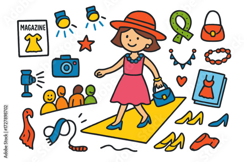 Fashion Show Doodle. Runway show. Colorful Hand-drawn doodle Children illustration Model, runway, spotlight, camera, audience, dress, heels, hat, handbag,