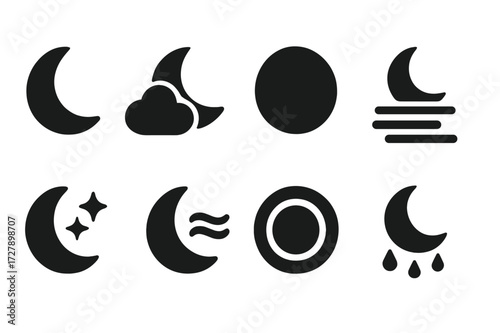 Moonlight Weather Icons. Solid, filled icon set of moonlight weather: clear night, crescent moon with clouds, lunar eclipse, fog under moonlight, stars