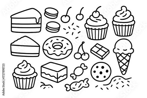 Dessert Doodle Delight. Hand-drawn doodle illustration Rich desserts, chocolate cake, cupcake, macarons, ice cream cone, donut, pie slice, brownie, tart,