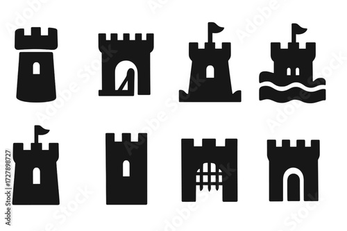 Feudal Castle Icon Set. Solid, filled icon set of feudal castles: stone tower, drawbridge, battlements, moat, keep, flag, archer window, gatehouse. Solid,