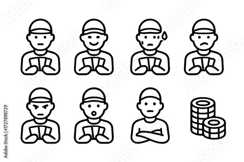 Card Player Emotions. Outline icon set of card player emotions: poker face, confident smile, nervous sweat, bluff face, focused look, surprised face, folded