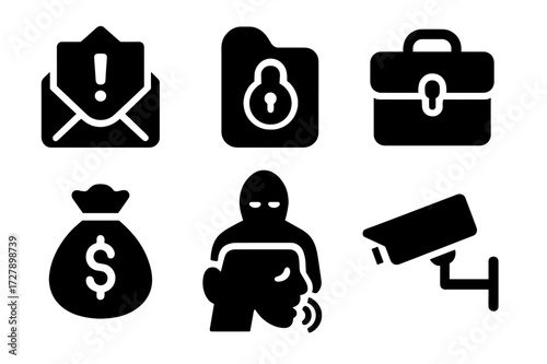 Blackmail Icons Set. Solid, filled icon set of blackmail concepts: threatening letter, secret dossier, locked briefcase, shadowy figure, money bag, whispering