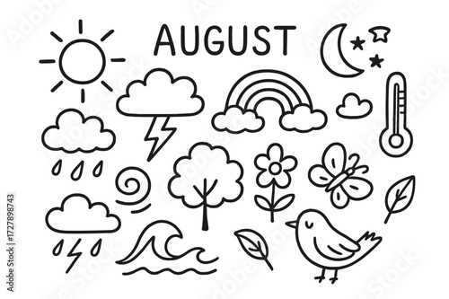 August Weather Doodles. Hand-drawn doodle illustration [August weather and nature] [sun, clouds, lightning bolt, rain, wind swirl, rainbow, thermometer, tree,