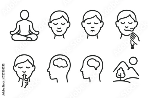 Meditation Icon Set. Outline icon set of patience in meditation: lotus pose, calm face, closed eyes, breathing, mantra, silence, peaceful mind, nature. Line