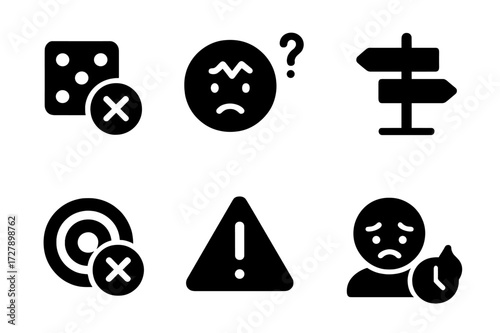 Poor Decision Icons. Solid, filled icon set of poor decision making: dice with cross, confused face, broken scales, crossroads sign, missed opportunity, red