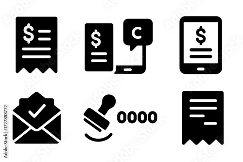 Deposit Receipt Icons. Solid, filled icon set of deposit receipts and confirmations: printed receipt, transaction slip, SMS confirmation, digital receipt,