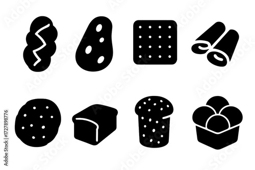 Cultural Bread Icons. Solid, filled icon set of cultural bread offerings: challah bread, naan, matzah, injera, bannock, cornbread, panettone, brioche. Solid,