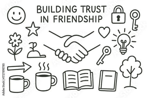Trust in Friendship Symbols. Hand-drawn doodle illustration Building trust in friendship [two hands shaking, heart, lock, key, smiley face, star, sun, book,