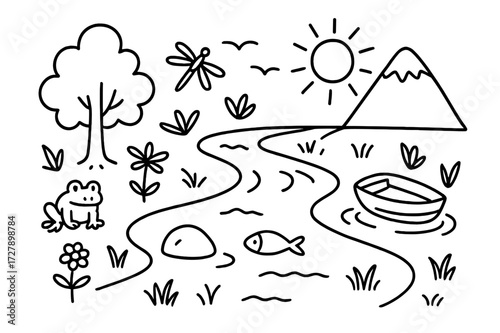 River Landscape Doodle. Hand-drawn doodle illustration Clear river landscape river, fish, rock, tree, mountain, cloud, sun, bird, grass, flower,