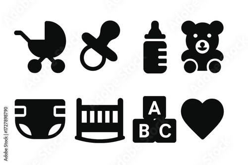 Parental Essentials Icons. Solid, filled icon set of parental duty: baby stroller, pacifier, bottle, teddy bear, diaper, cradle, toy blocks, heart. Solid,