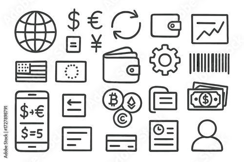 Global Currency Wallet. Hand-drawn doodle illustration multi-currency wallet globe, currency icons, wallet, exchange arrows, country flags, settings wheel,