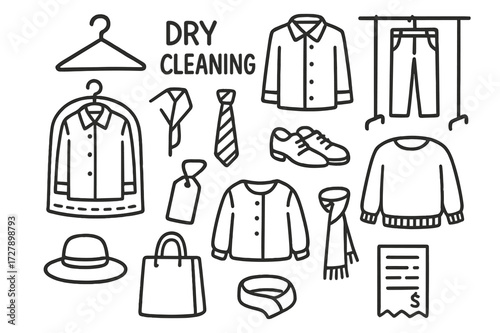 Dry Cleaning Doodles. Hand-drawn doodle illustration Dry cleaning hanger, shirt, pants, coat, plastic cover, tie, shoes, tag, blouse, sweater, hat, bag, rack,