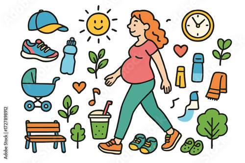 Pregnancy Walking Essentials. Walking exercise. Colorful Hand-drawn doodle Children illustration Pregnant woman, sneakers, water bottle, hat, sun, clock, heart