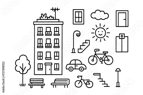 Urban Block Sketch. Hand-drawn doodle illustration Residential apartment block tower, balcony, windows, rooftop garden, antenna, door, tree, bench, car,