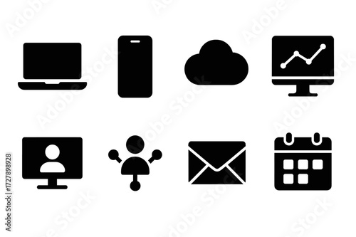 Tech Tools Icon Set. Solid, filled icon set of advisor tools technology: laptop, smartphone, cloud storage, analytics software, video conferencing, CRM system,