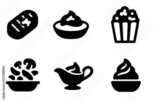 Butter Dish Icons. Solid, filled icon set of butter dishes: garlic bread, mashed potatoes, baked potato, popcorn, sauteed vegetables, sauce, cake frosting,