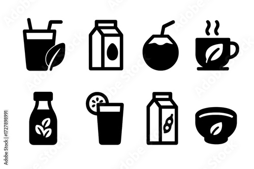 Plant-Based Drink Icons. Solid, filled icon set of plant-based beverages: green smoothie, almond milk carton, coconut water, herbal tea cup, oat milk bottle,
